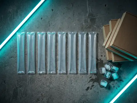 Acht leere Klarsicht-Hüllen für Wassereis liegen in einer Reihe neben Kartons, dahinter eine Neonleiste