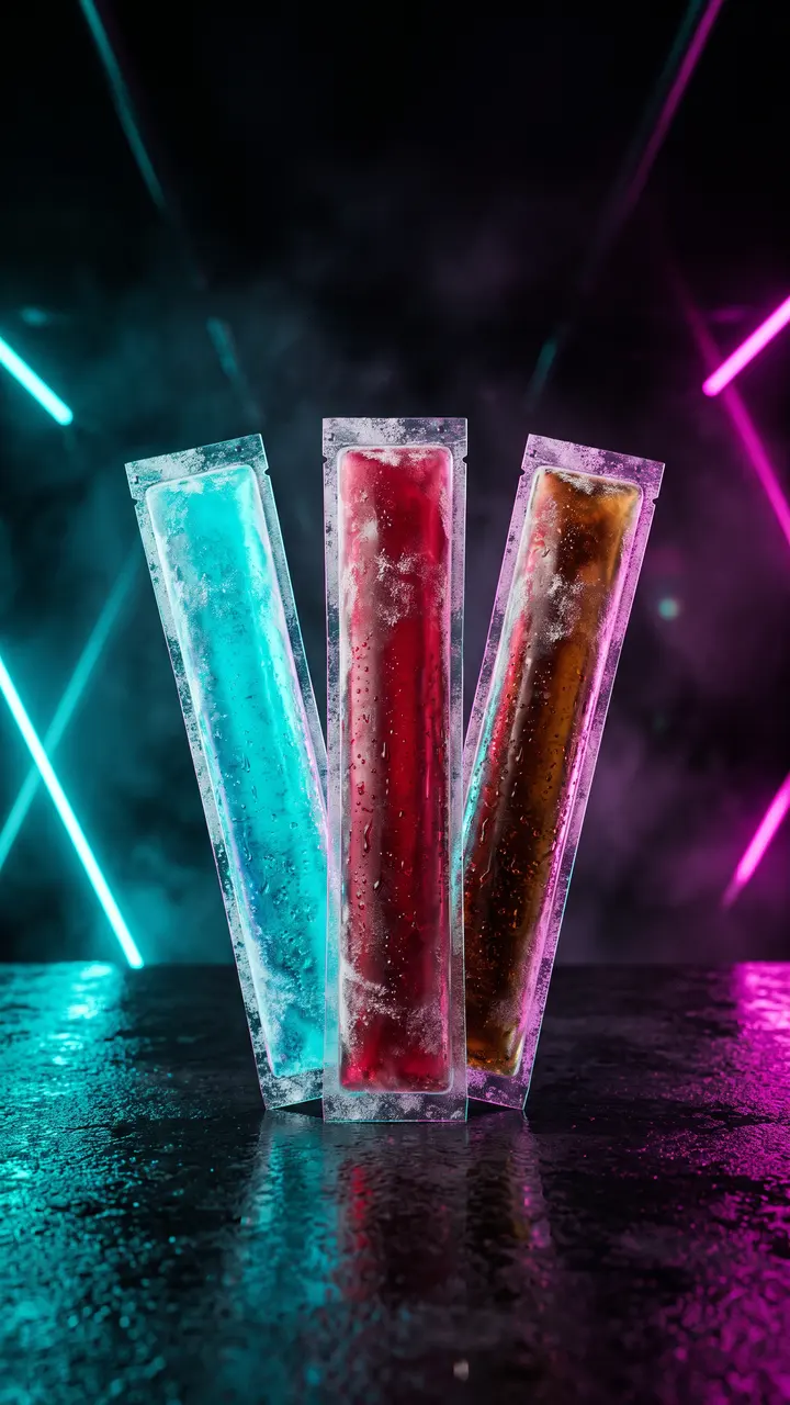 Drei Wassereis-Beutel in Türkis, Kirschrot und Cola-Amber stehen im Neonlicht auf nassem Beton