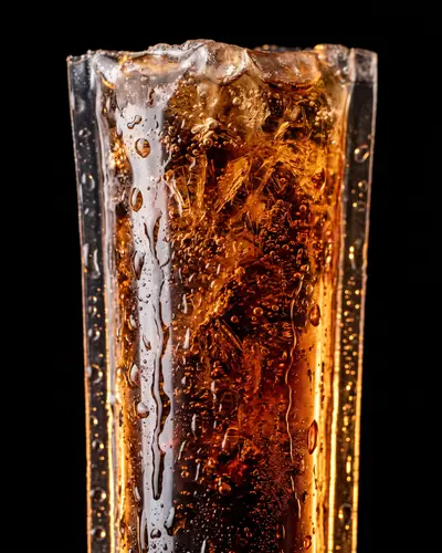 Wassereis im Schlauchbeutel, Cola-Amber, mit Kondenswasser und Eiskristallen
